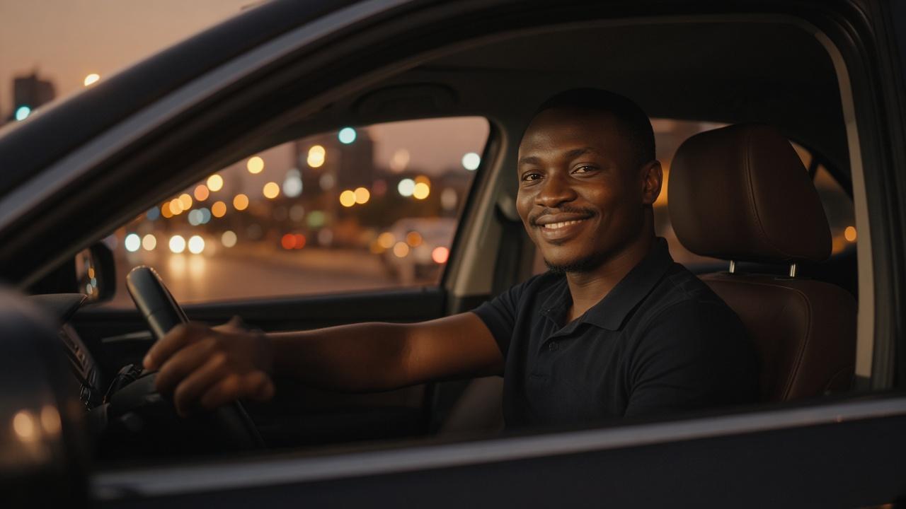 A MEEGO Driver smiling from the driver’s seat at dusk.